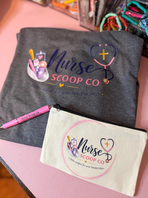 Nurse Gift Bundle | Nurse Scoop Co T-Shirt, Canvas Zipper Pouch & Pen | RN Gift | CNA Gift | LPN Gift | Nursing Student Gift
